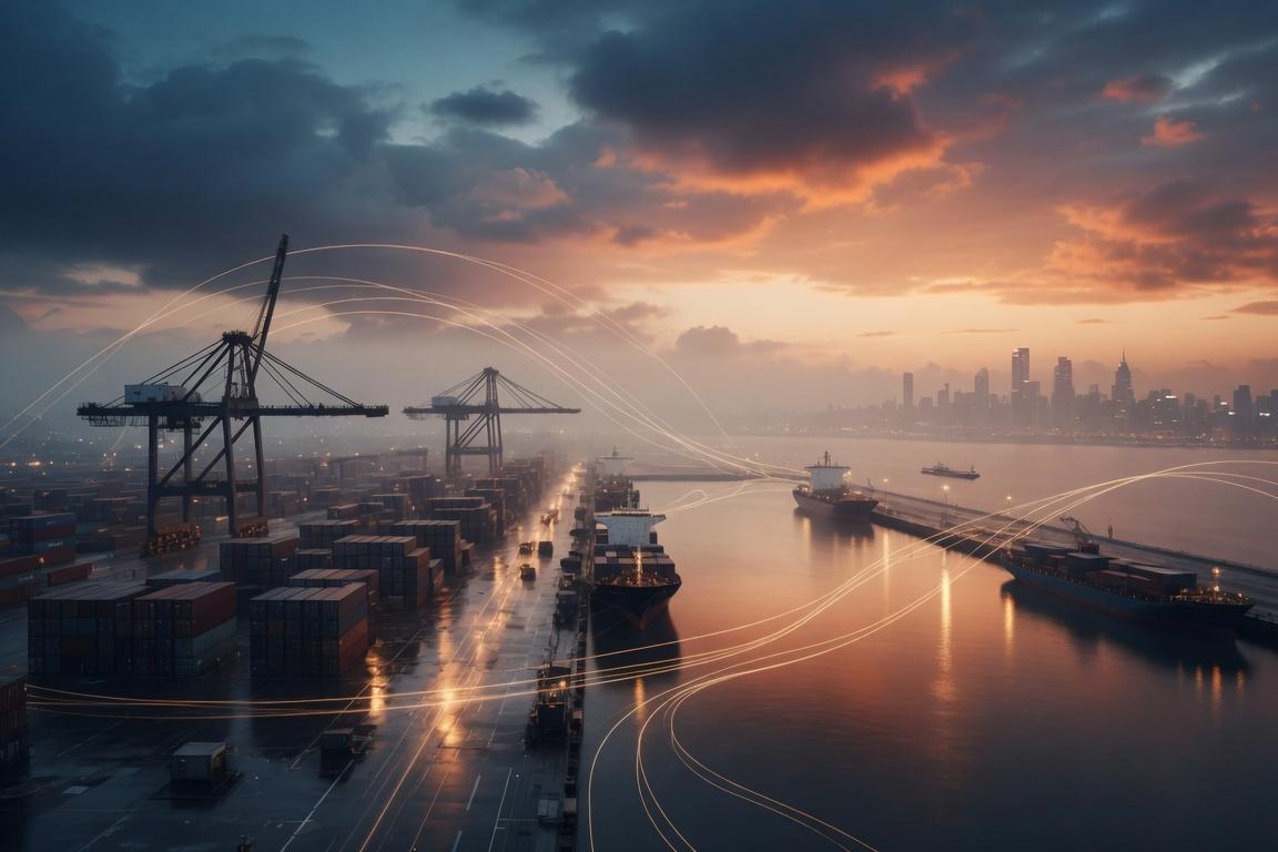 Port terminal at night with light trails moving through quay cranes and container yard operations.